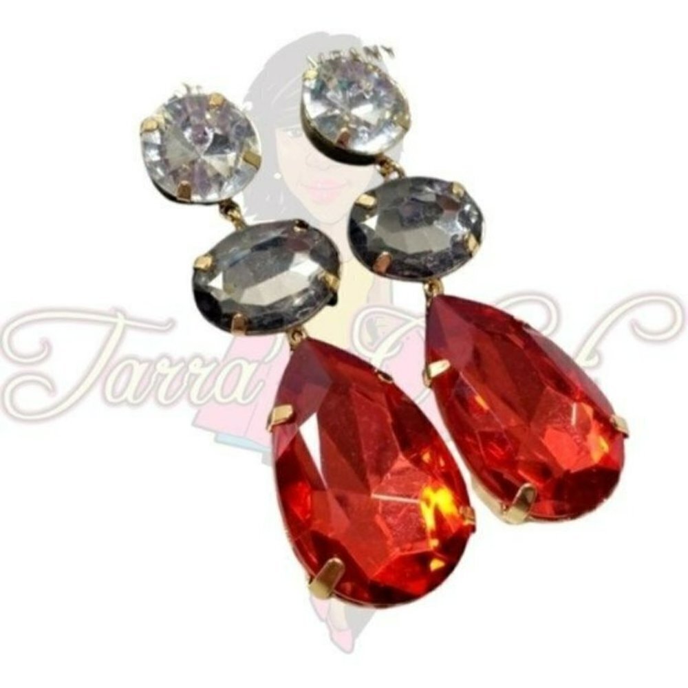 NY&C Clear & Red 3-tier tear drop earrings